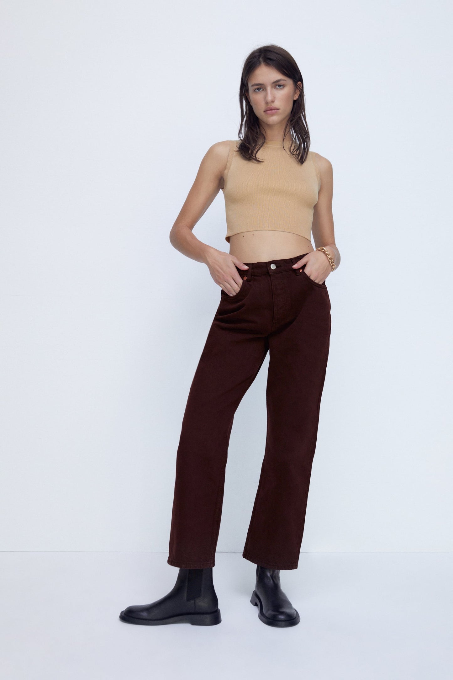 Women Beige Knit Crop Top