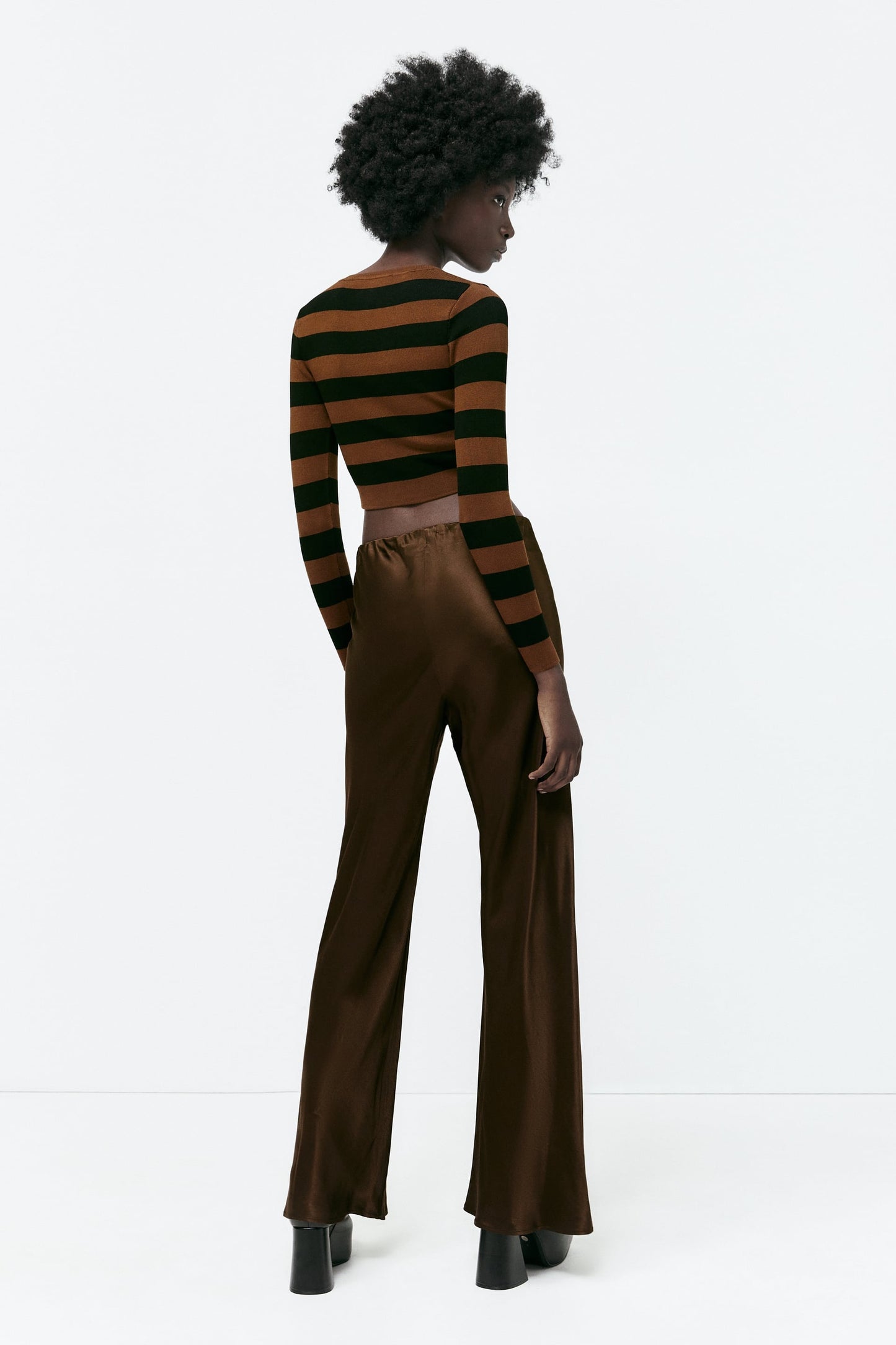 Women Dark Brown Striped Cropped Knit Sweater
