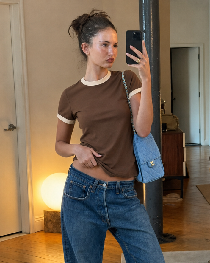 Women's Brown/Beige  Ringer Tee
