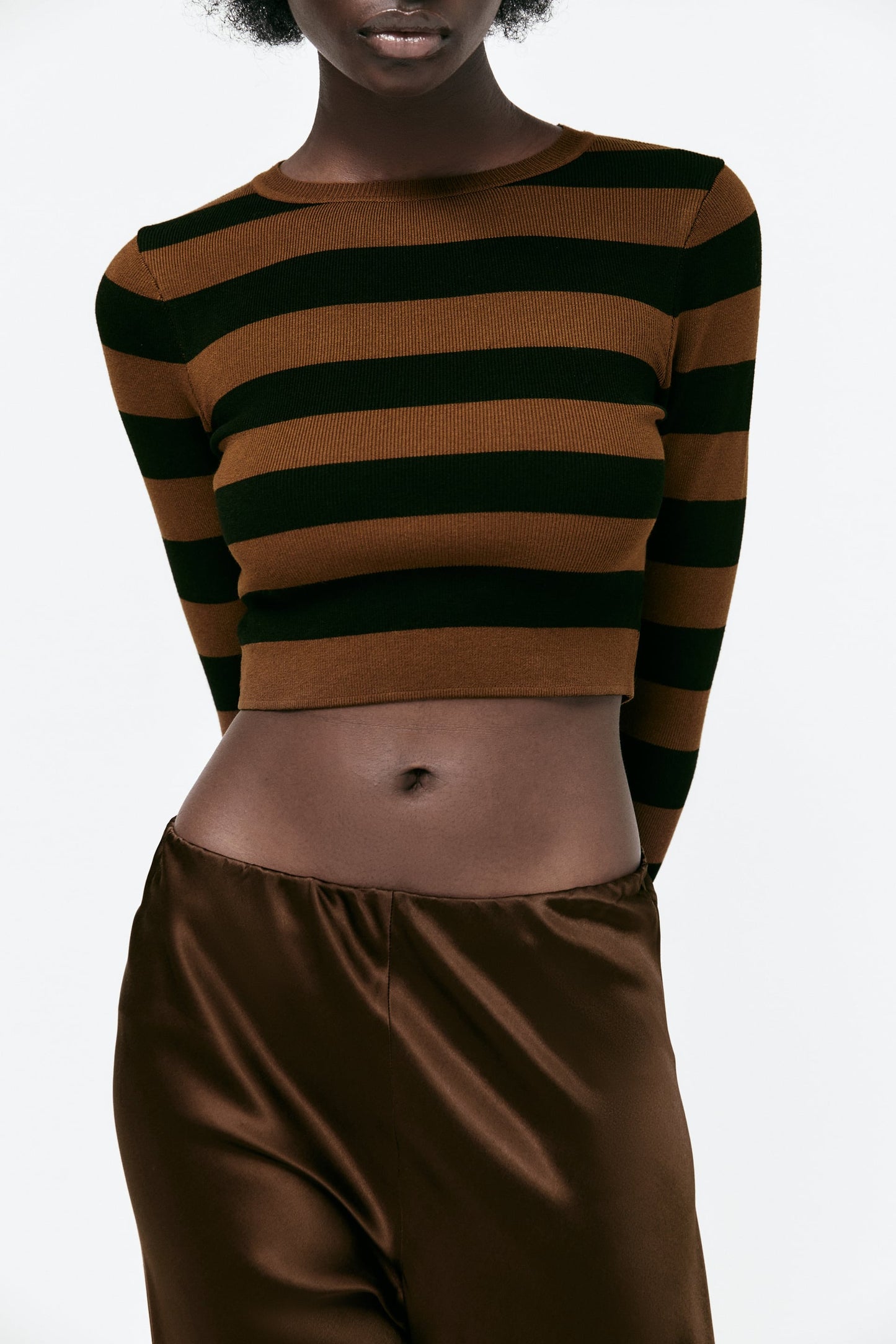 Women Dark Brown Striped Cropped Knit Sweater