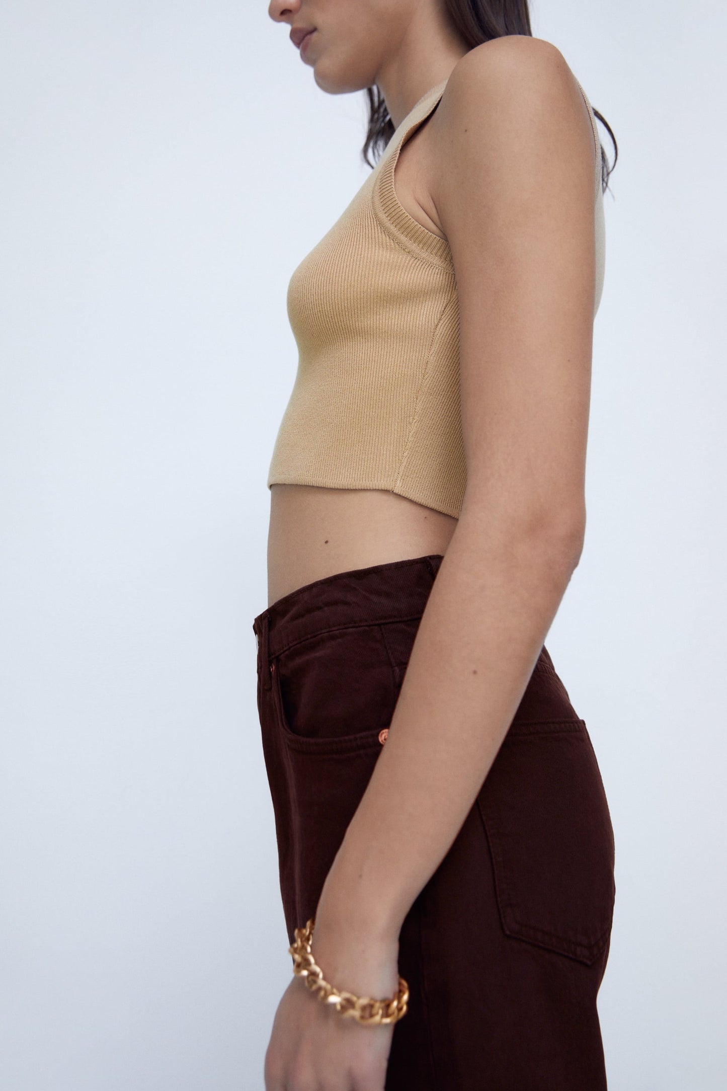 Women Beige Knit Crop Top