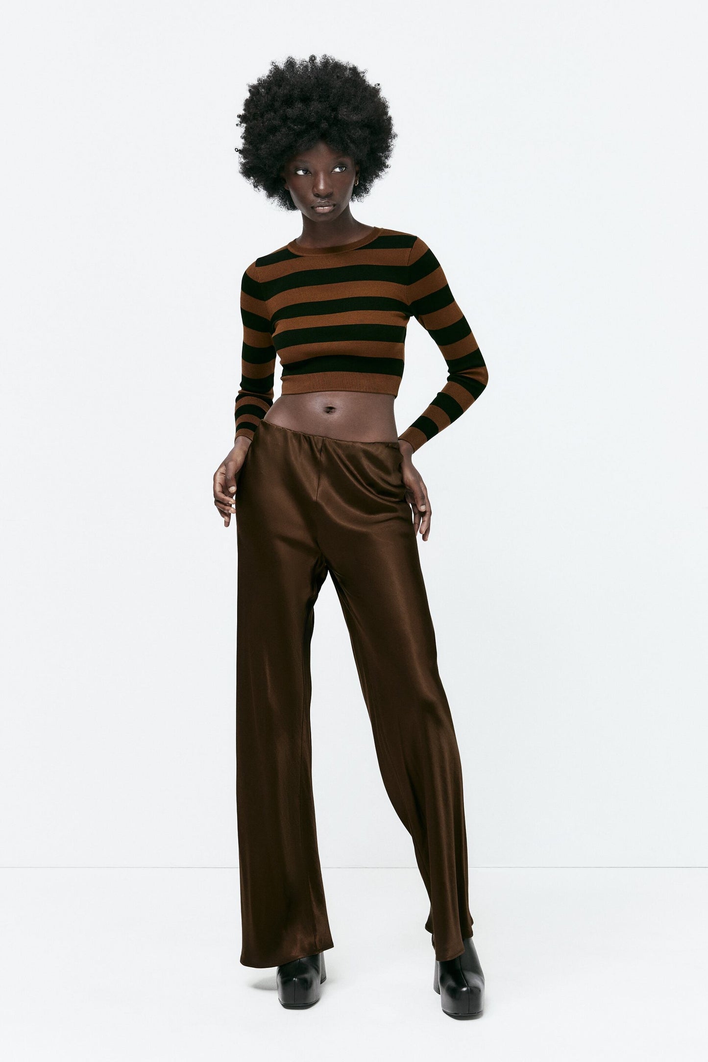 Women Dark Brown Striped Cropped Knit Sweater