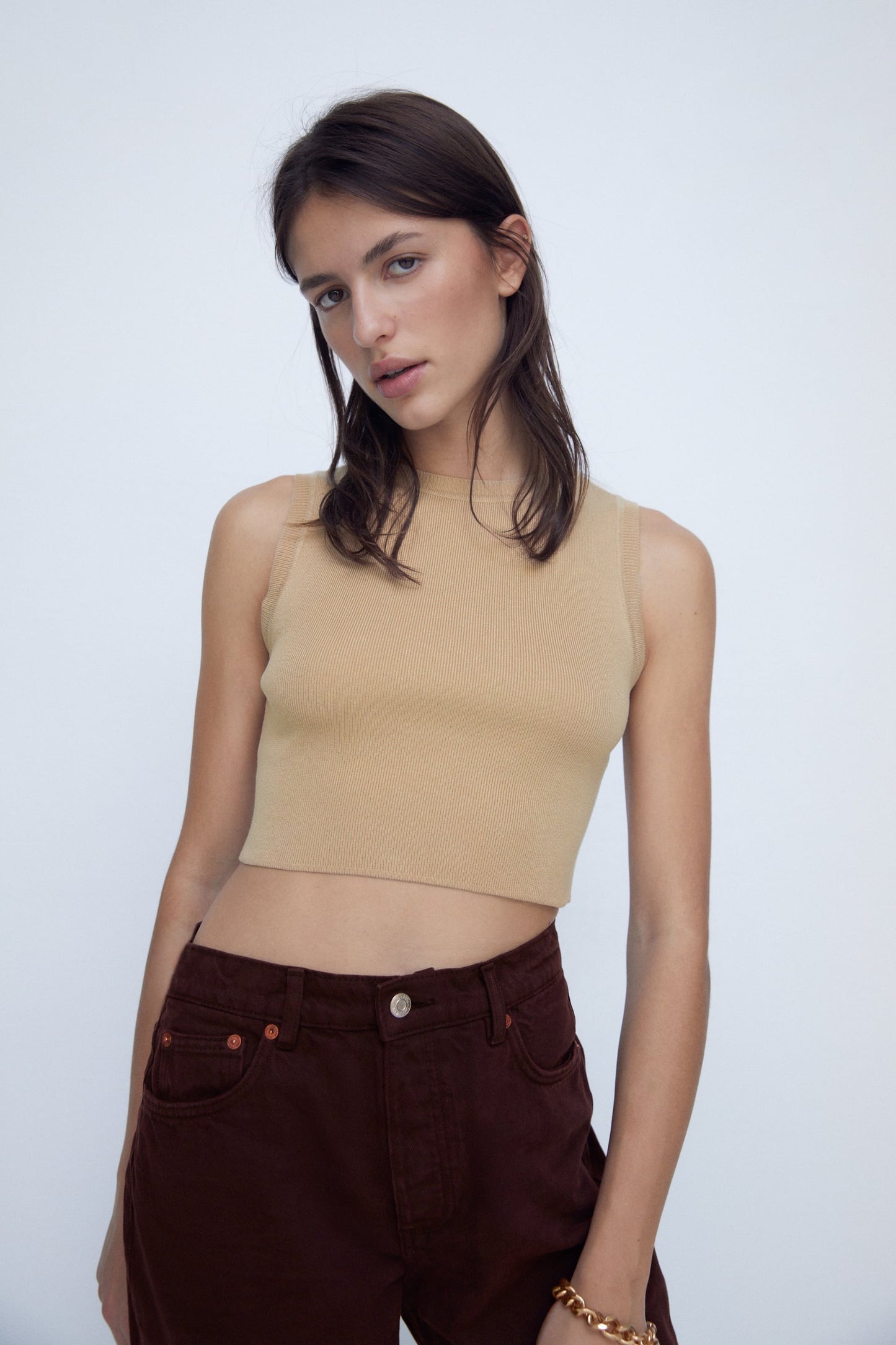 Women Beige Knit Crop Top