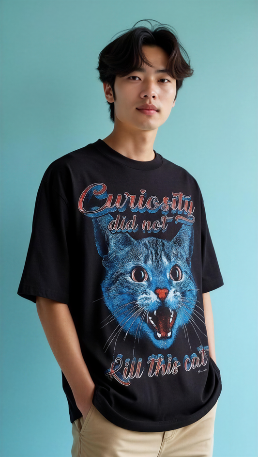 Oversized Black Curiosity Cat T-shirt - Heavy 250 GSM Cotton