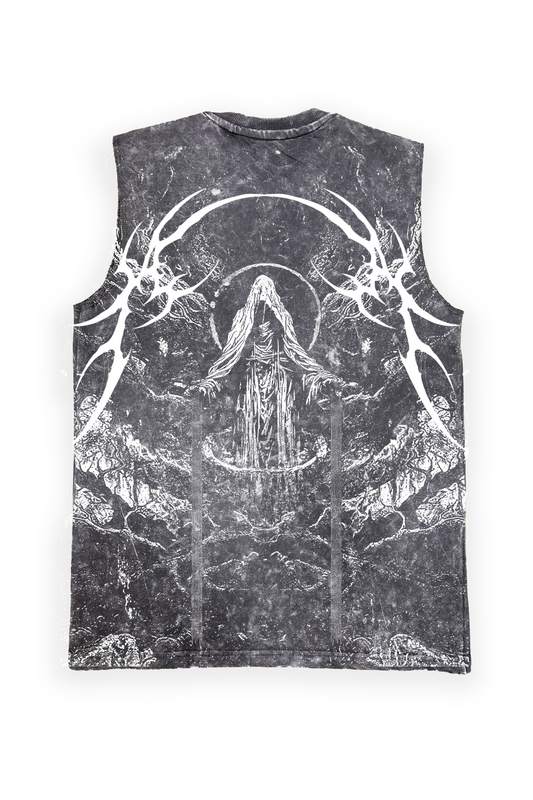 "RISEN FROM BELOW" ACID-WASH OVERSIZED VEST