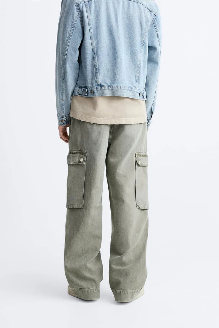 Men Relaxed Fit Khaki Green Cargo Pants