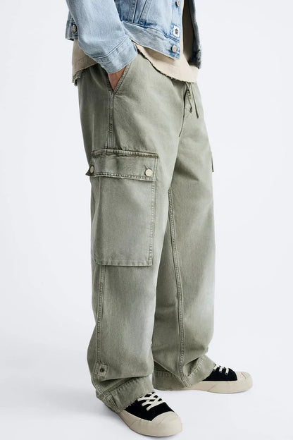 Men Relaxed Fit Khaki Green Cargo Pants