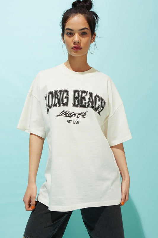 Women Oversized Long Beach Printed T-shirt