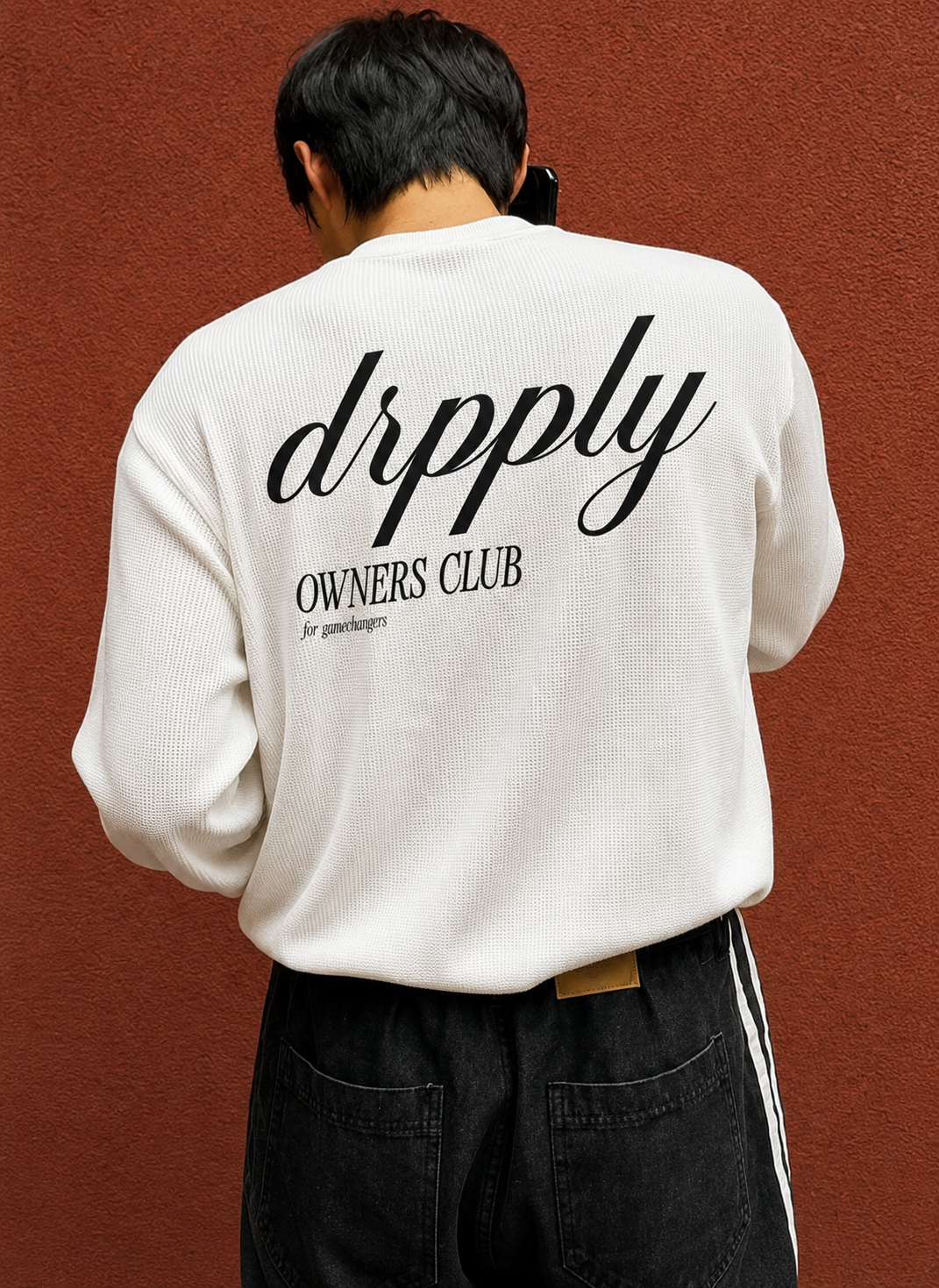 Oversized White Owners Club Waffle Knit Henley