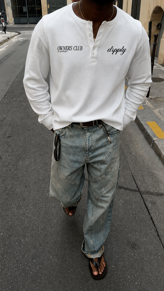 Oversized White Owners Club Waffle Knit Henley