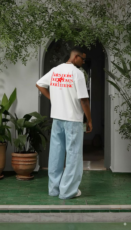 Oversized White Loves Loud Music T-shirt - Heavy 250 GSM Cotton