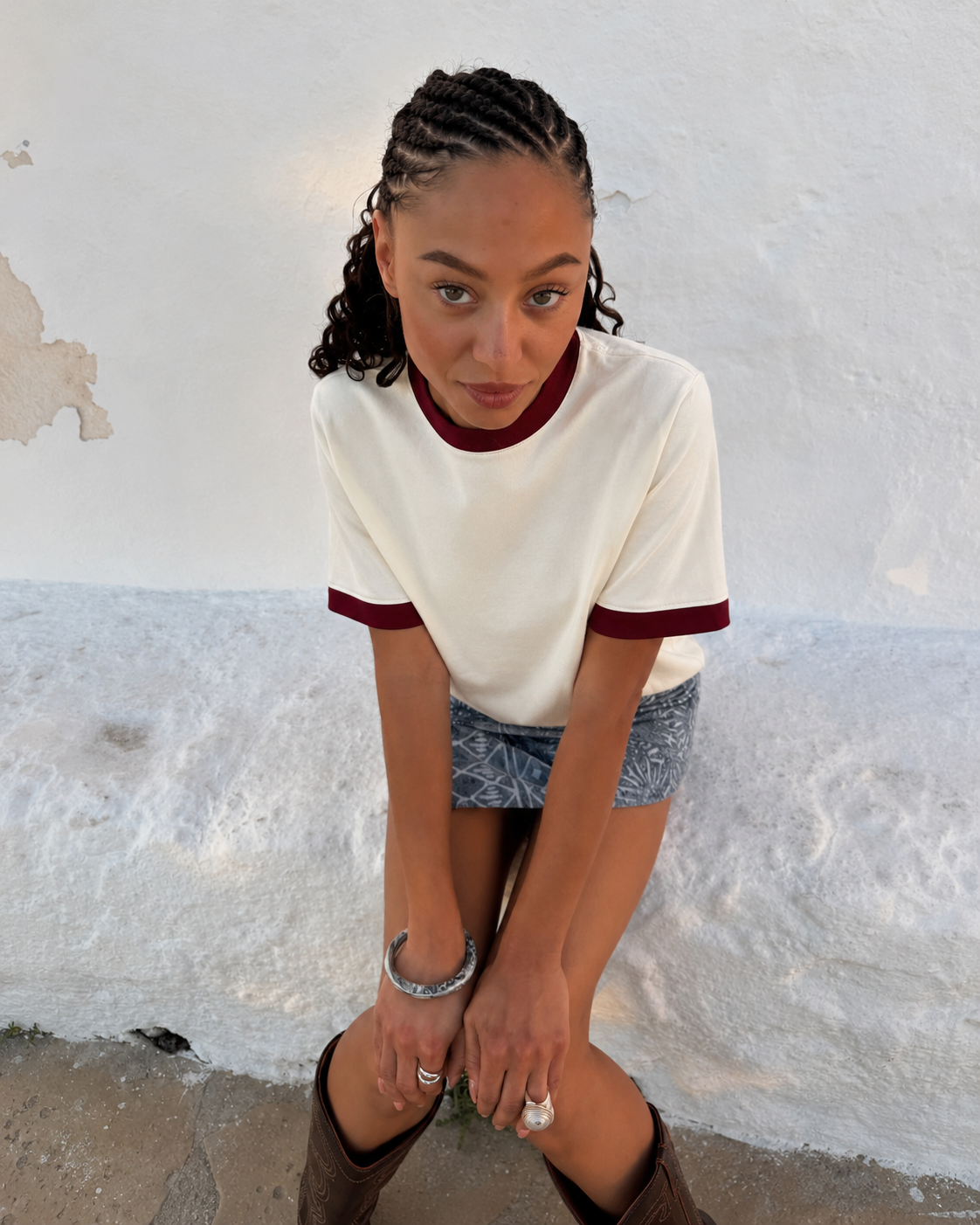 Women Off-White/Maroon Ringer Tee