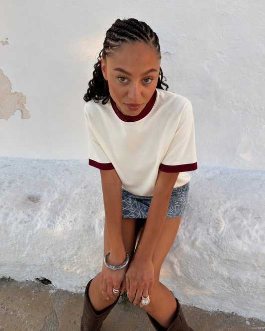 Women Off-White/Maroon Ringer Tee