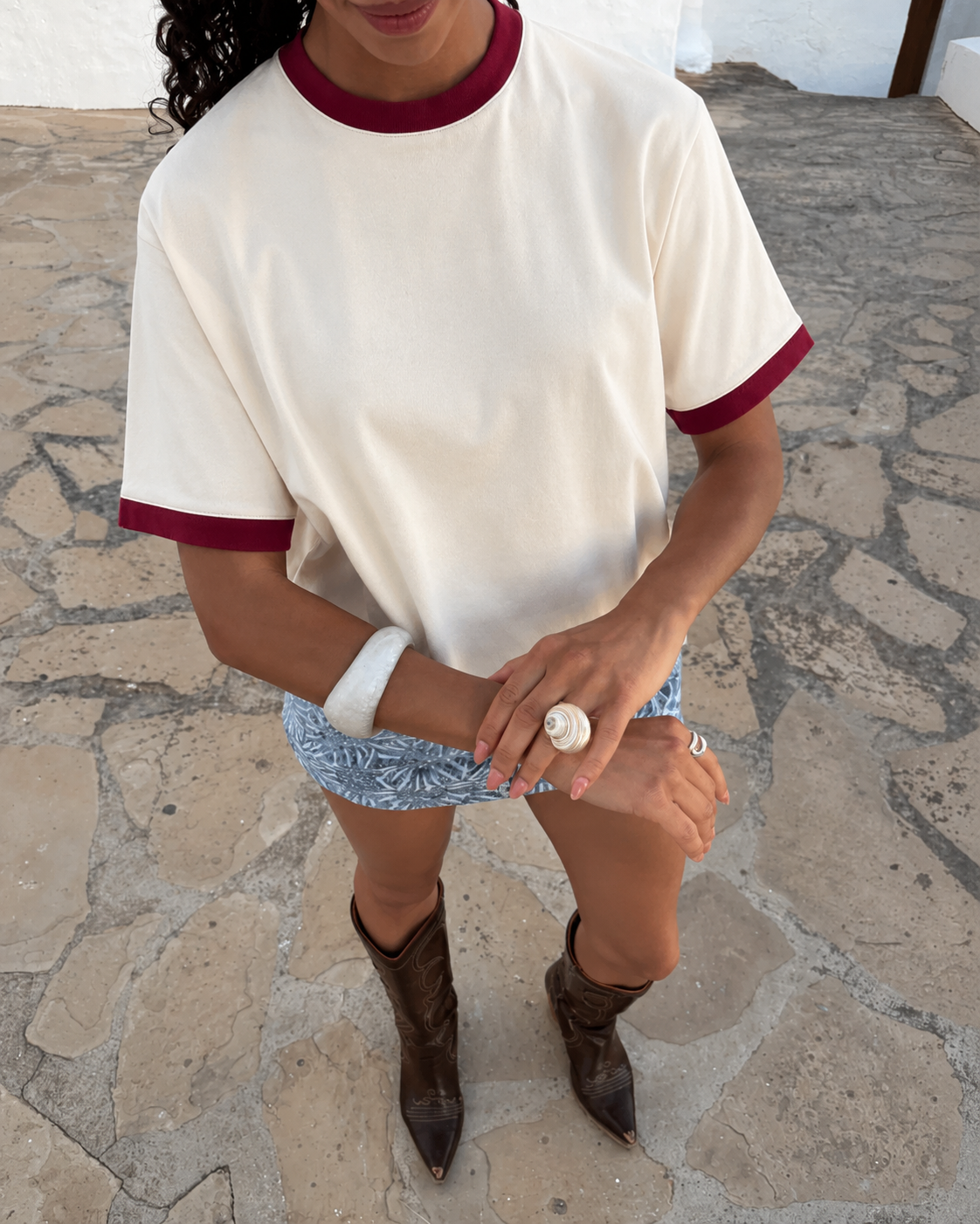 Women Off-White/Maroon Ringer Tee