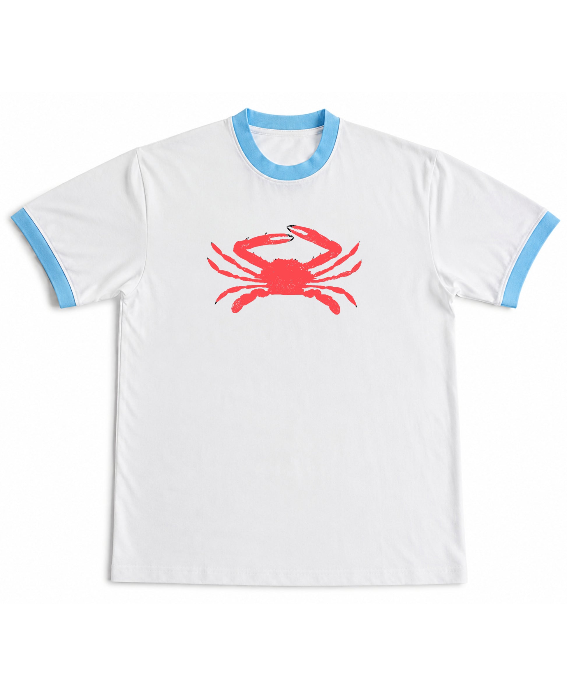 White & Sky Blue Ringer tee Front Design