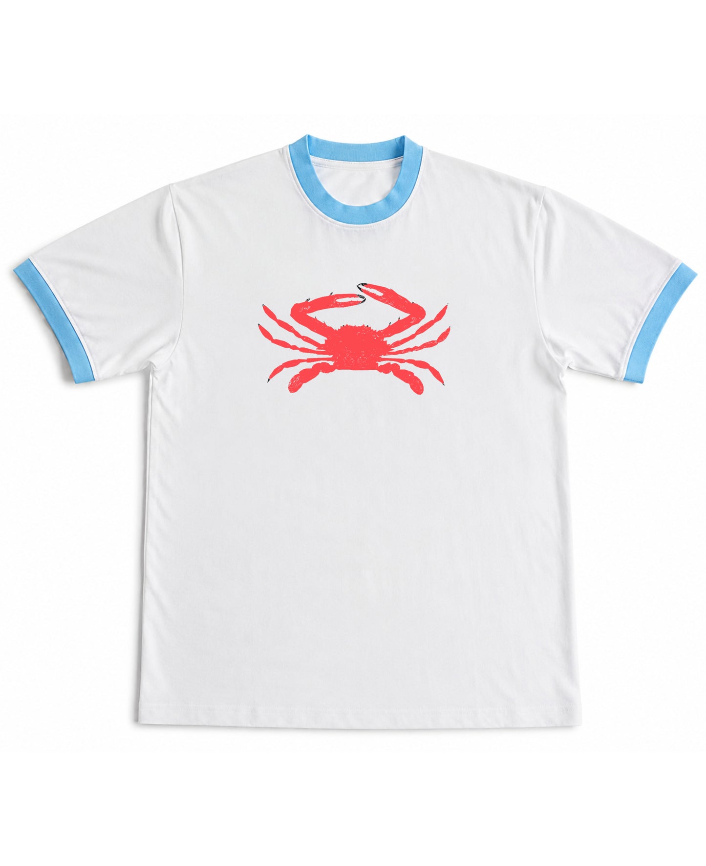 White & Sky Blue Ringer tee Front Design