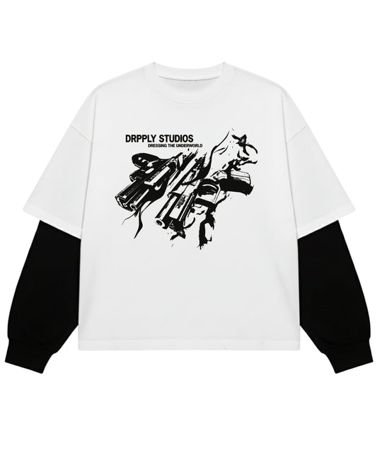 White With Black Sleeve Oversized Tee Front Design