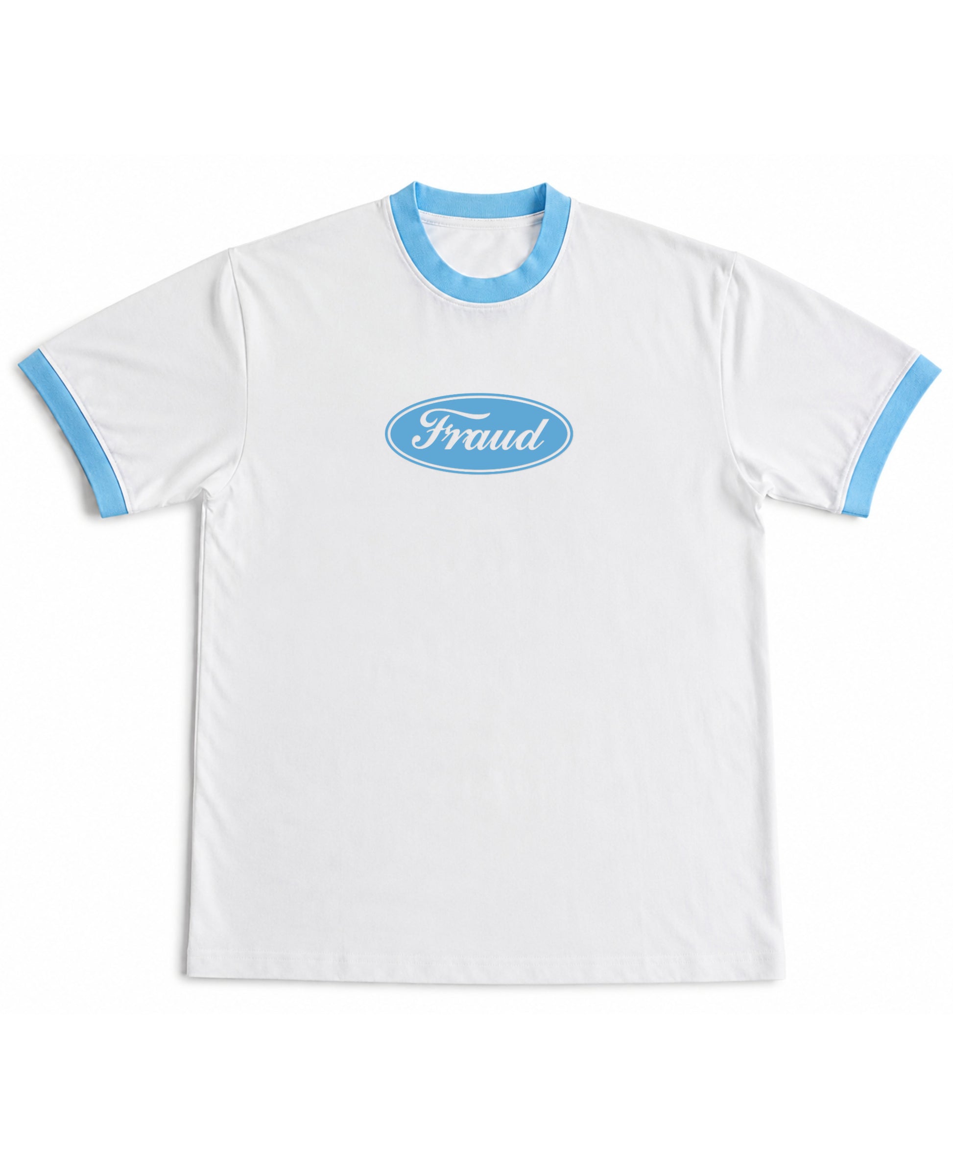 White & Sky Blue Ringer tee Front Design