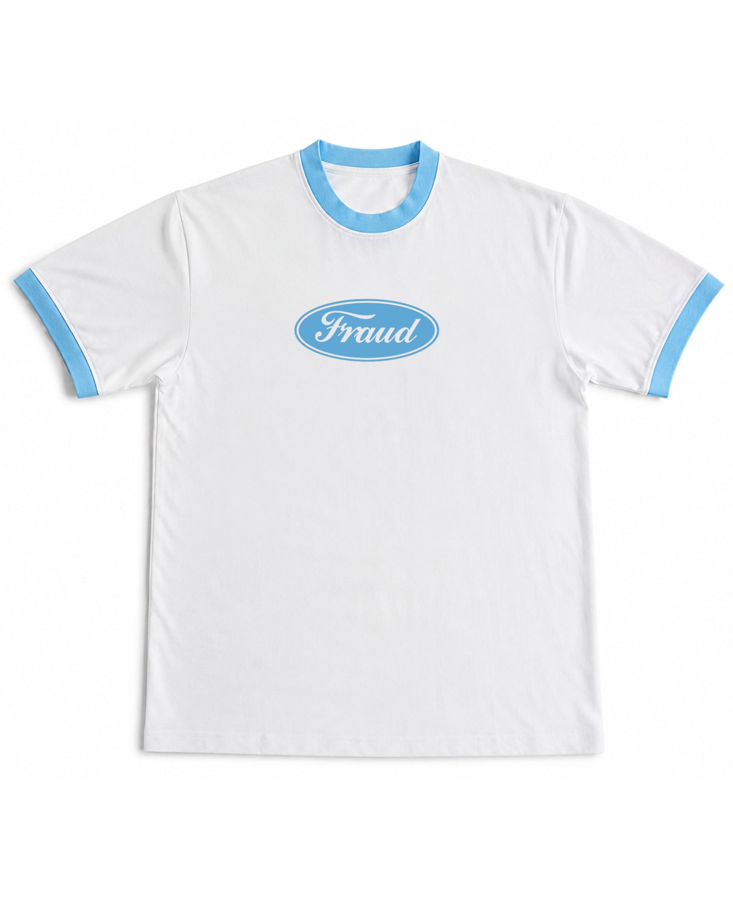 White & Sky Blue Ringer tee Front Design