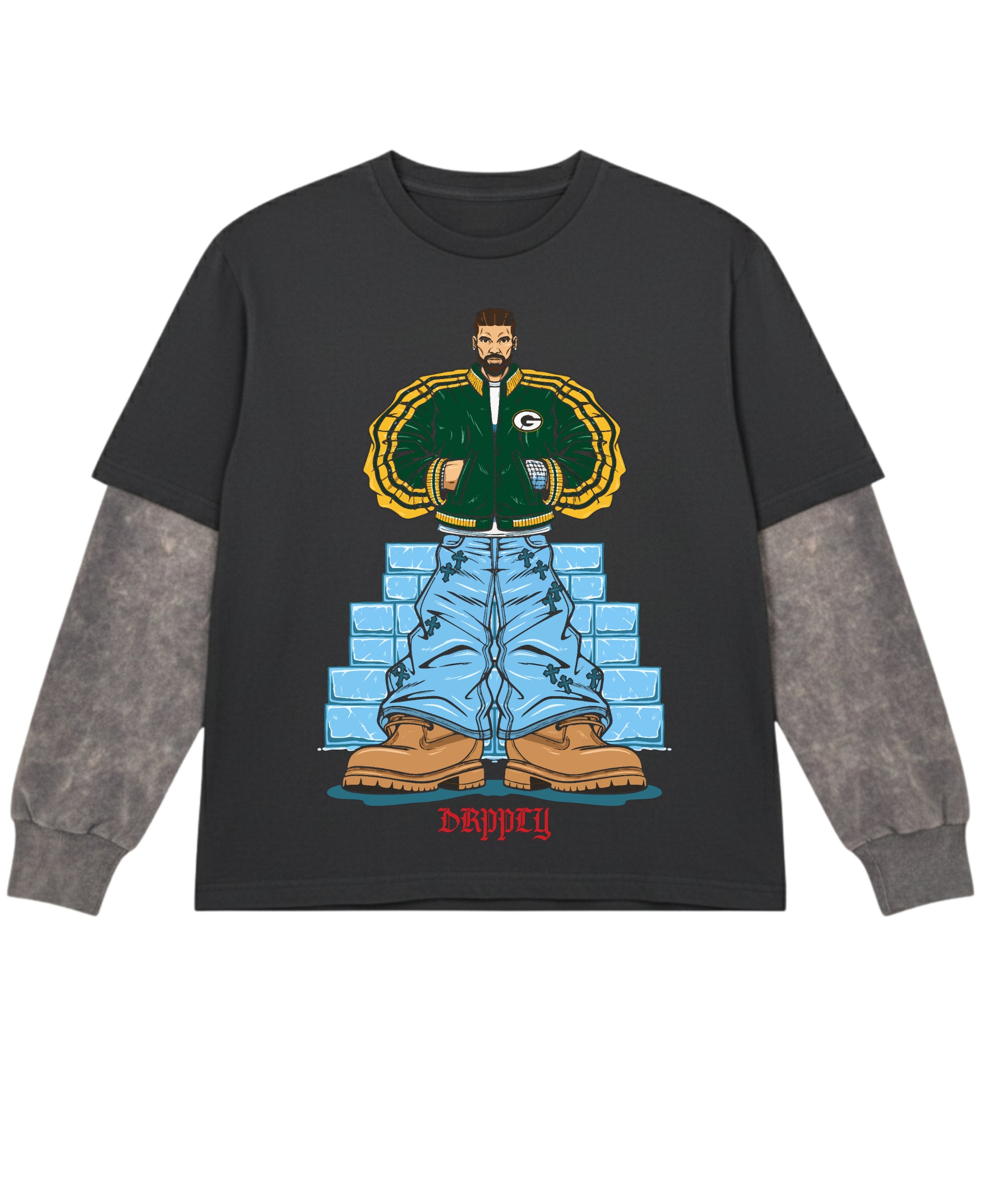 Black With Acidwash Sleeve Oversized Tee Front Design