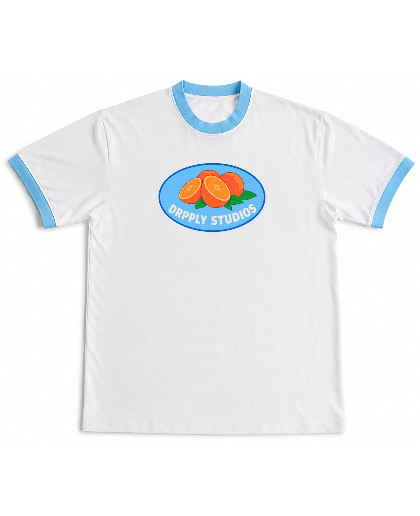 White & Sky Blue Ringer tee Front Design
