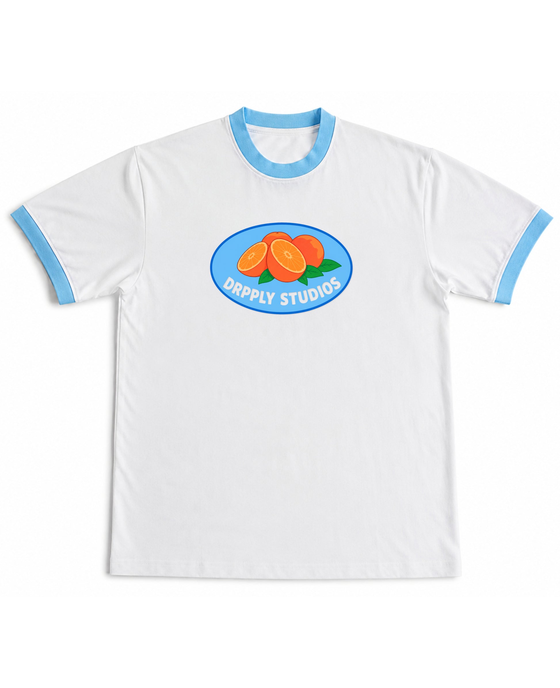 White & Sky Blue Ringer tee Front Design