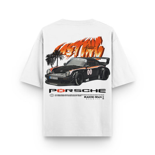 Oversized White Porsche T-shirt - Heavy 250 GSM Cotton