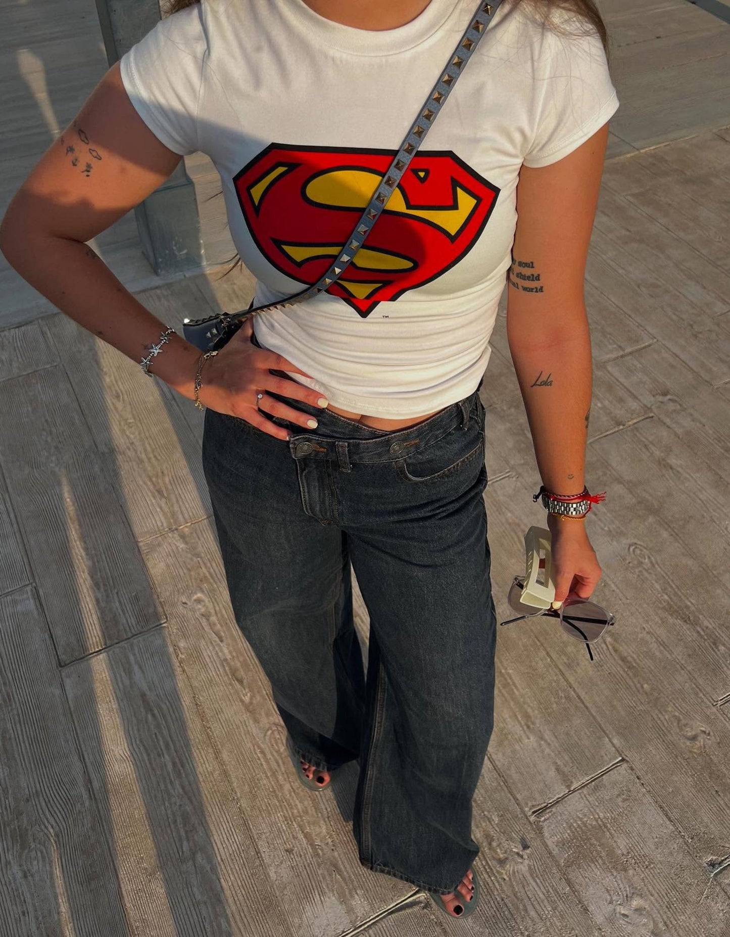 White Superman Baby Tee - Y2K Streetwear Classic Fit