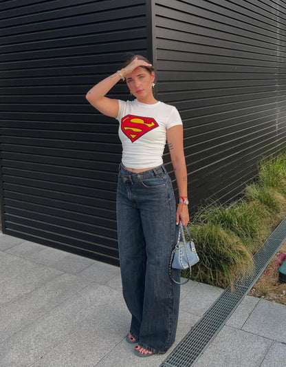 White Superman Baby Tee - Y2K Streetwear Classic Fit